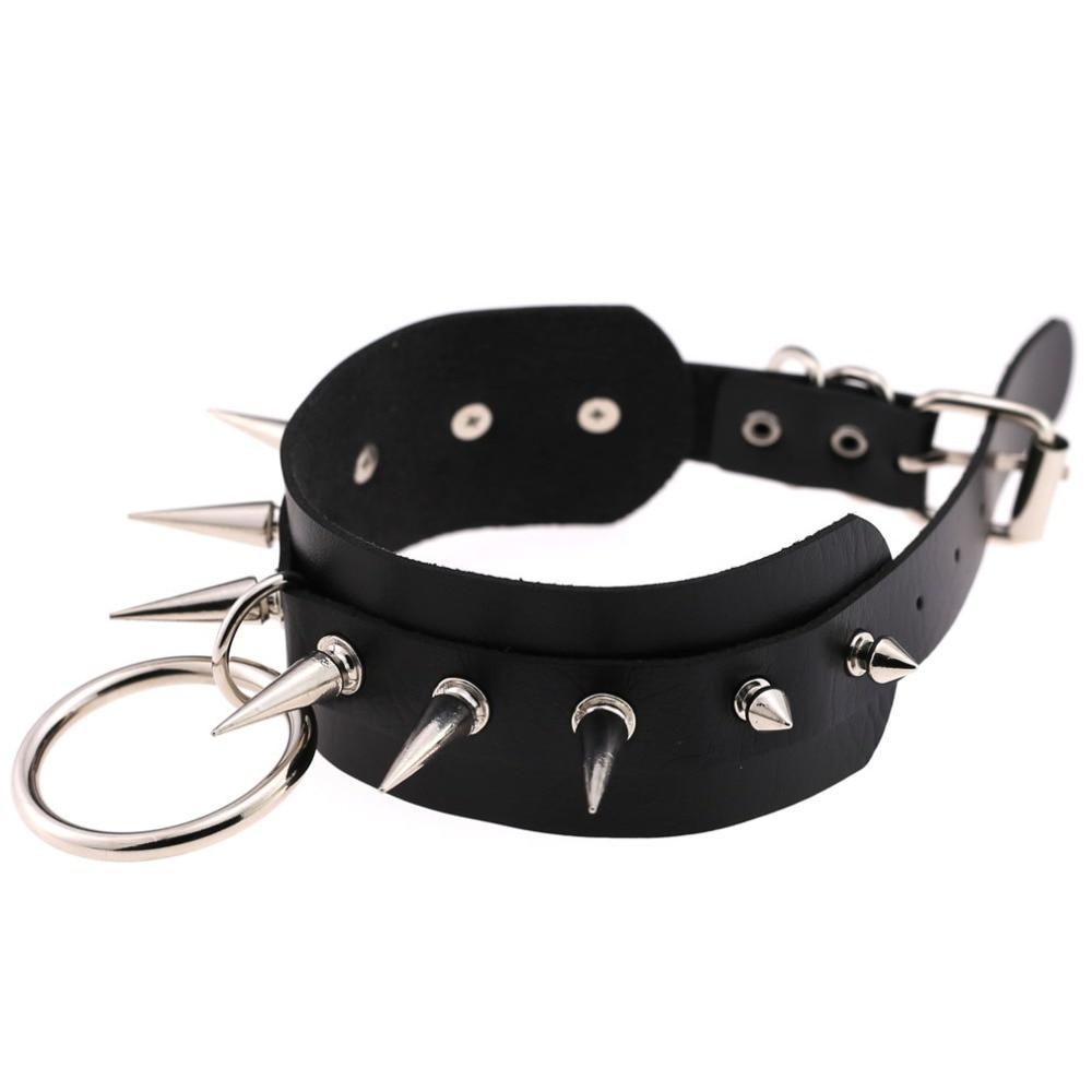 Black leather choker with spike rivets and metal ring, stylish rock accessory for men and women.