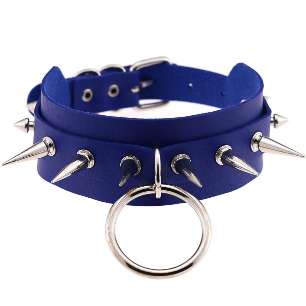 Blue leather choker with spike rivets and a circular pendant, perfect for a rock style look.
