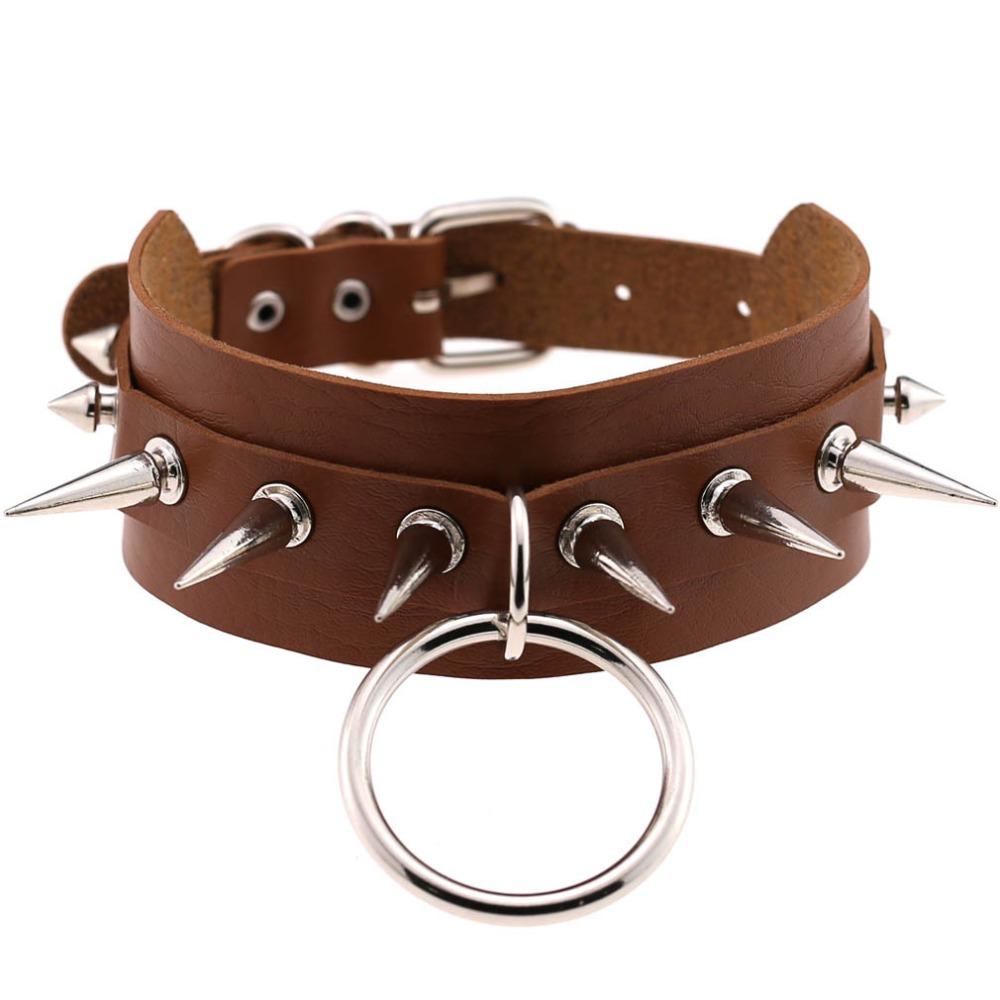 Rock style leather choker for men and women with spike rivets and silver ring, available in 15 vibrant colors.