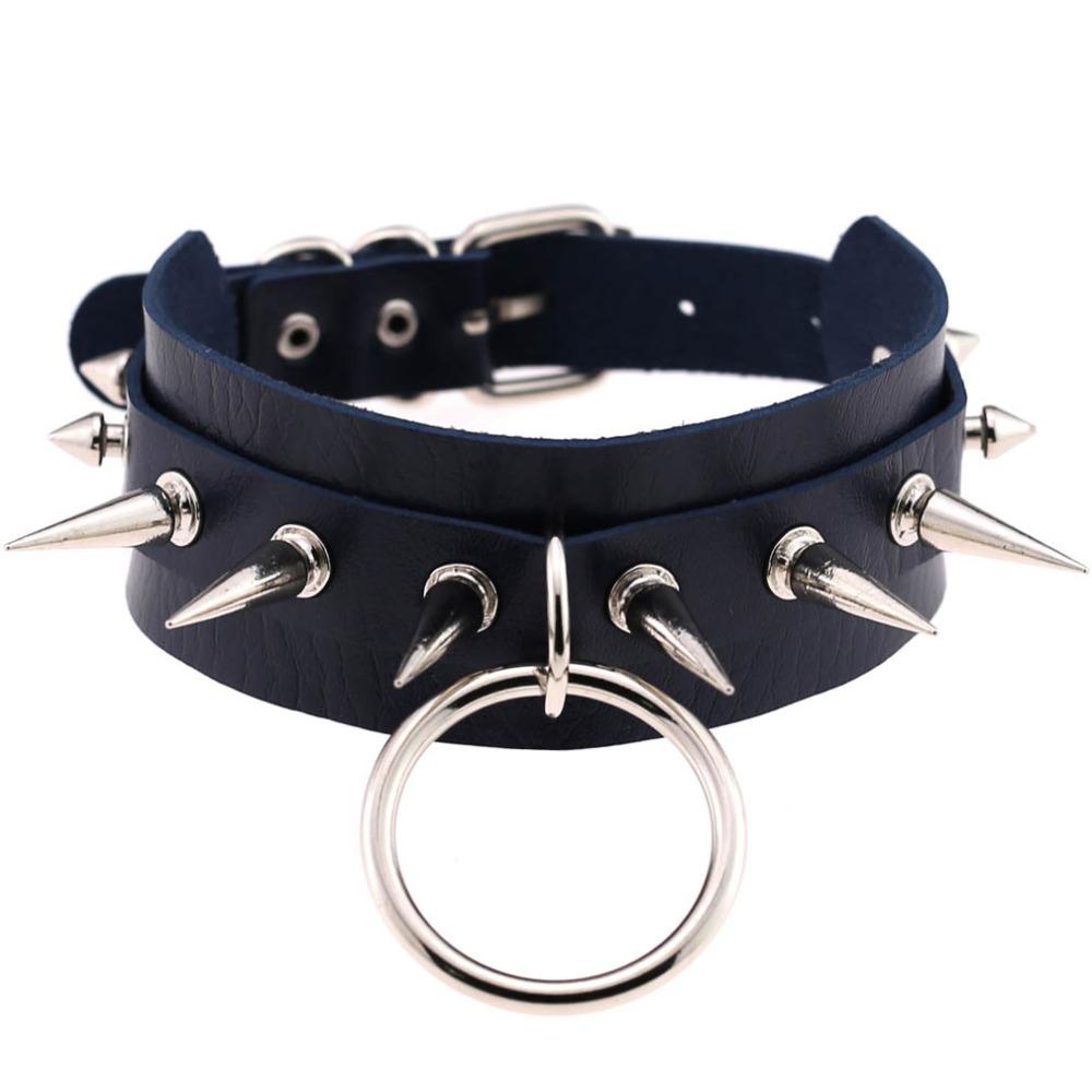 Rock style leather choker with spike rivets and O-ring, perfect for edgy fashion lovers.