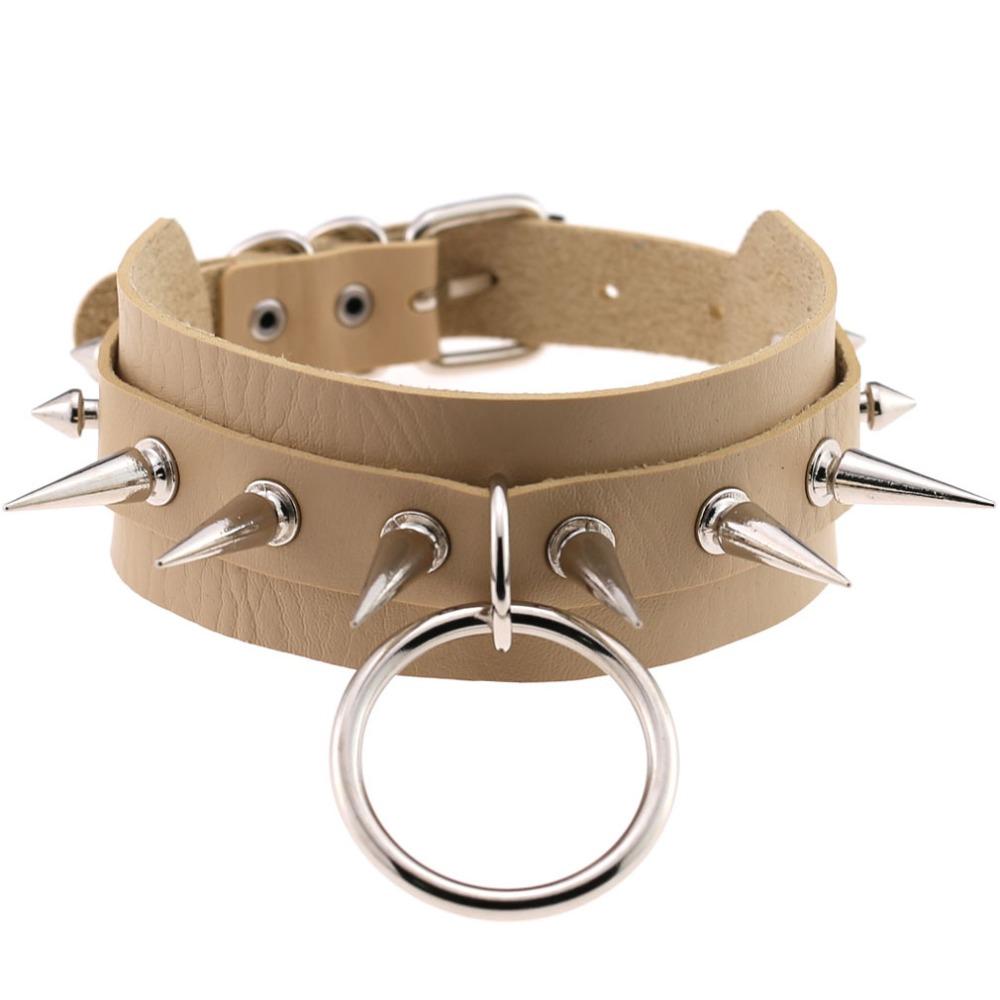Rock style leather choker with spike rivets and silver ring, perfect for edgy fashion lovers.