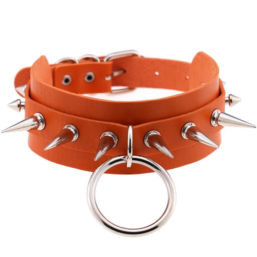 Rock style orange leather choker with silver spikes and O-ring, perfect for men and women.