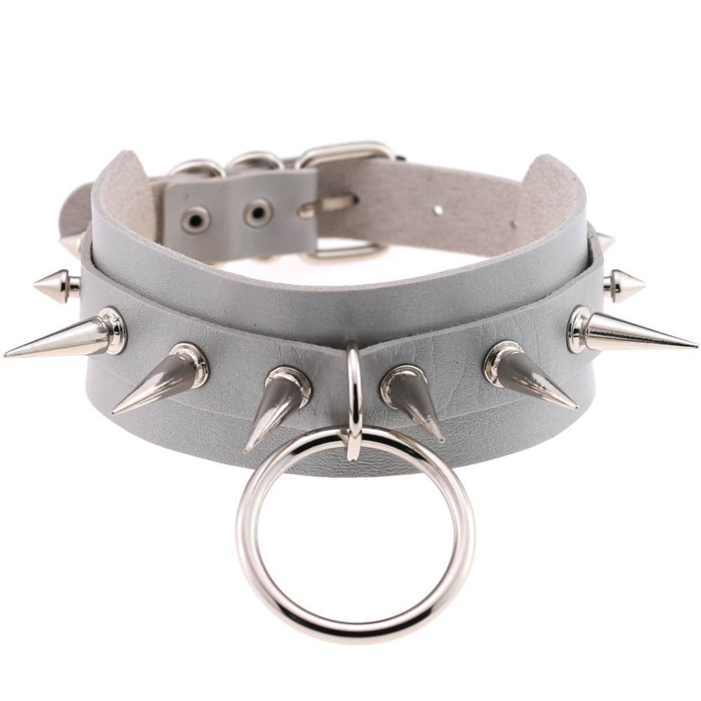 Rock style grey leather choker with spike rivets and O-ring for edgy fashion lovers.
