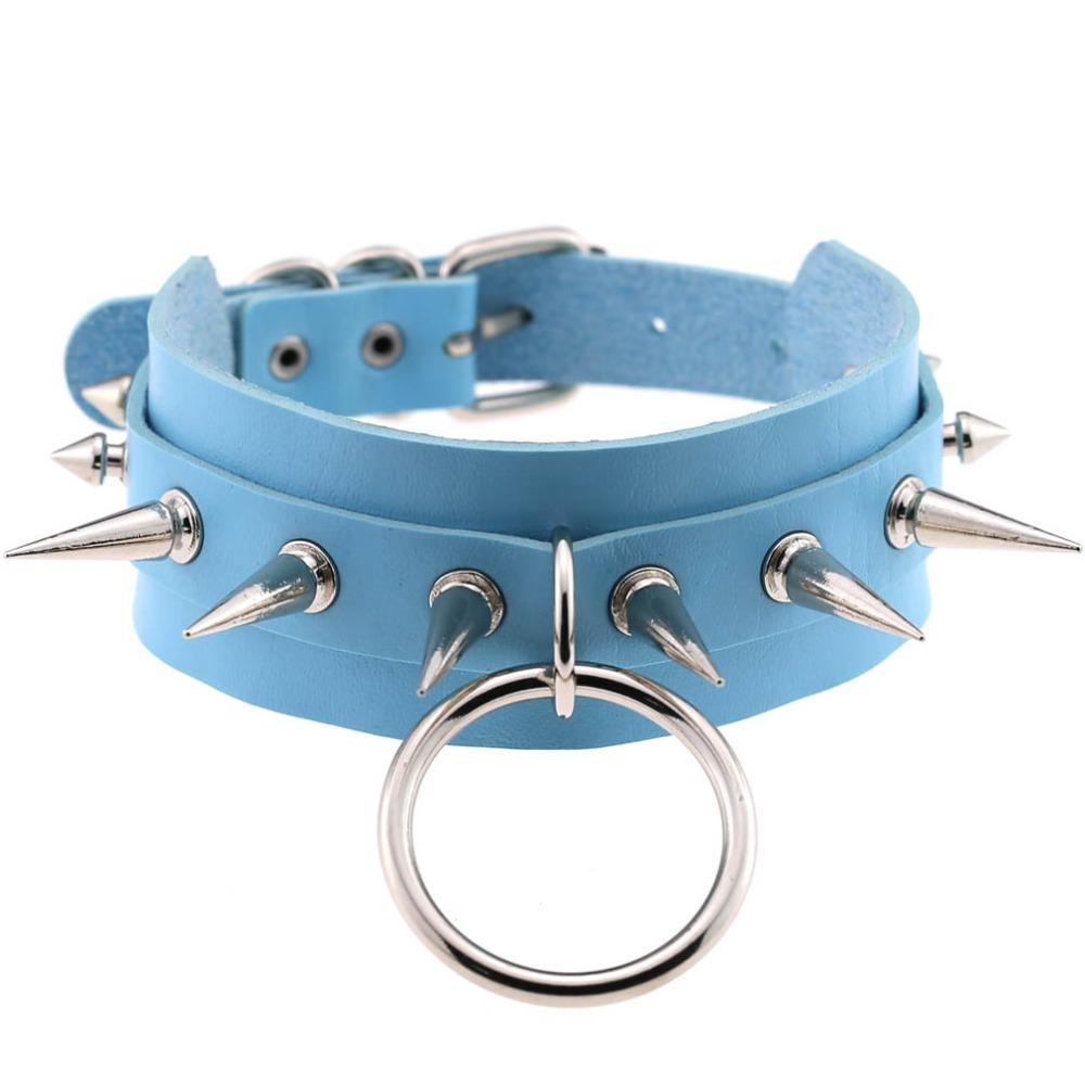 Rock style blue leather choker with spike rivets and O-ring for edgy fashion lovers.