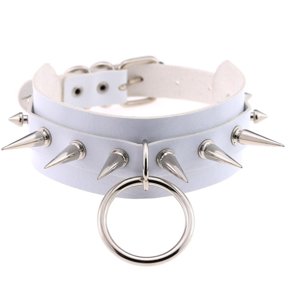 Rock style leather choker with silver spike rivets and O-ring, perfect for edgy fashion lovers.
