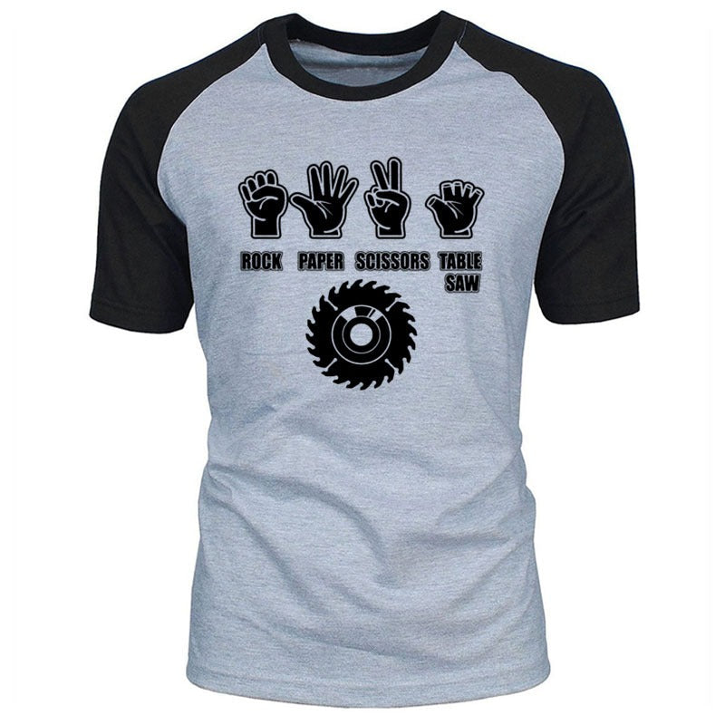 Funny Rock Paper Scissors Saw T-Shirt for men, featuring playful graphic design on soft cotton fabric.