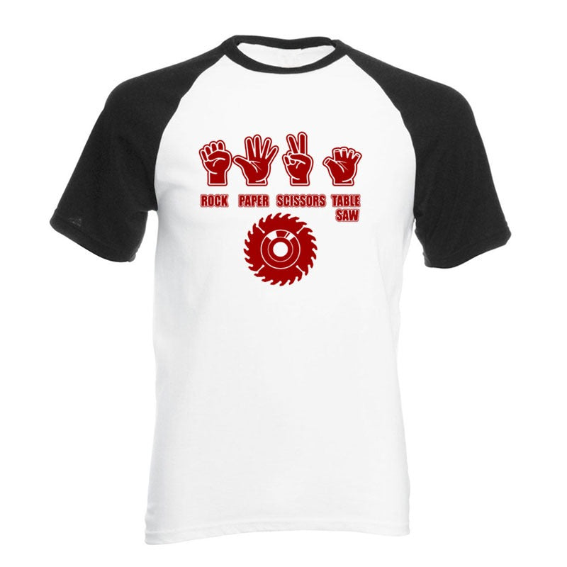 Funny Rock Paper Scissors Table Saw T-Shirt for men, featuring graphic design on a stylish cotton tee.