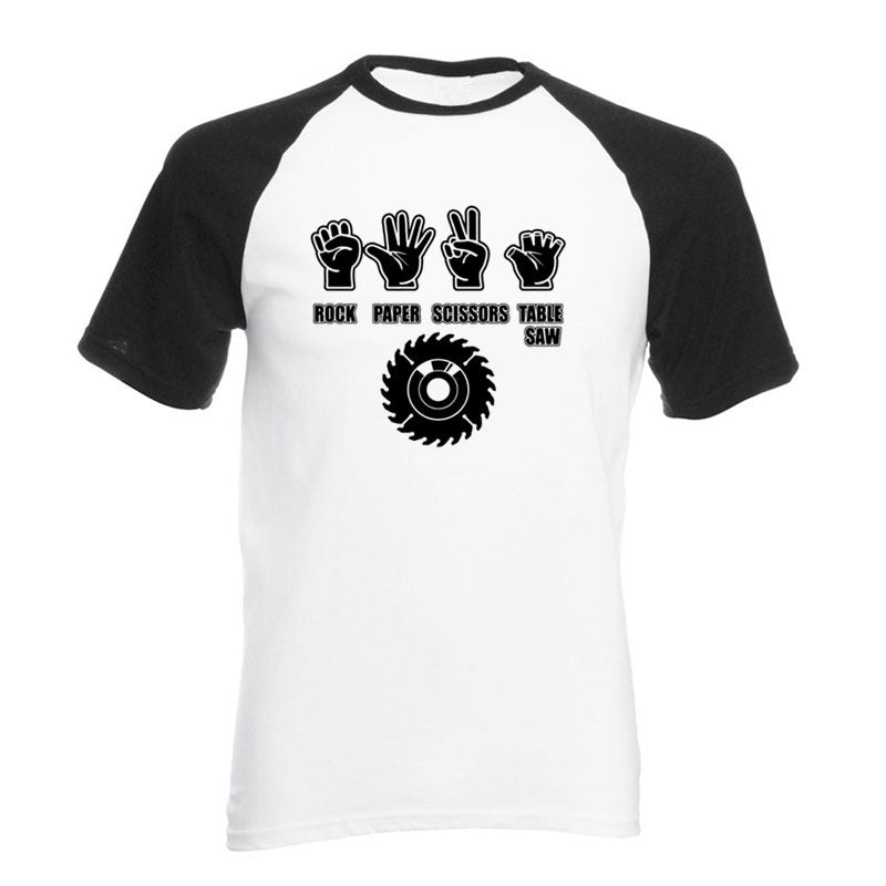 Rock Style Paper Scissors Saw T-shirt featuring playful graphic design, perfect for humorous men’s streetwear.