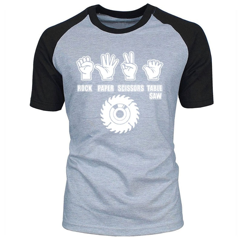 Rock Style Paper Scissors Saw funny graphic tee for men, featuring playful hand signs and a saw graphic.