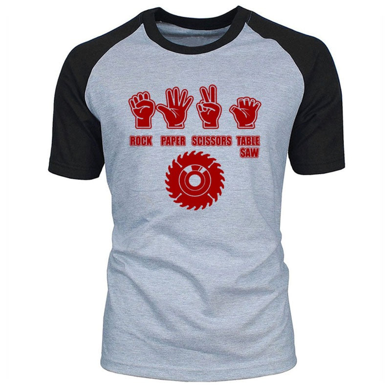 Rock Paper Scissors Table Saw graphic tee for men, featuring humorous design on a comfortable cotton t-shirt.