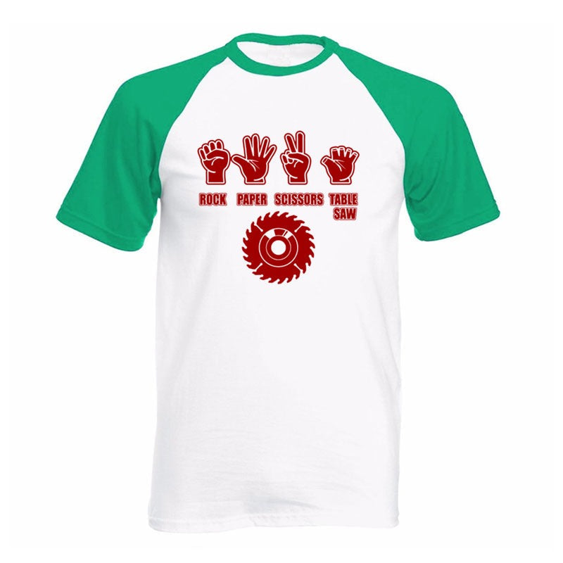 Funny Rock Paper Scissors Table Saw T-Shirt, Men's Cotton Tee, Eco-friendly Graphic Shirt with Colorful Print.