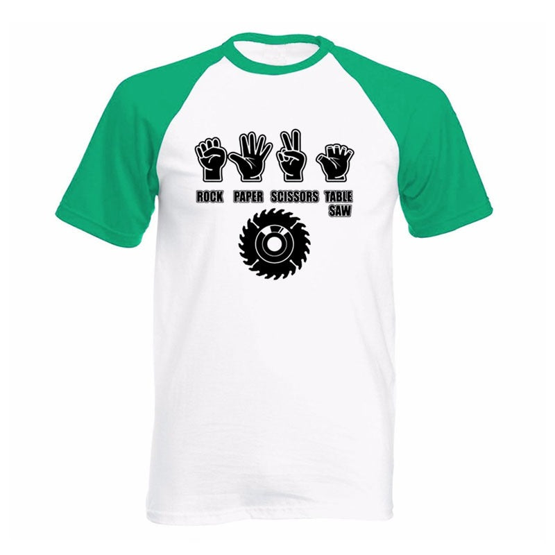 Funny Rock Paper Scissors Table Saw T-Shirt for men, featuring graphic hands and saw design, eco-friendly cotton material.