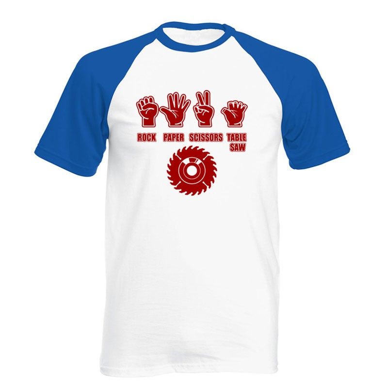 Funny Rock Paper Scissors Table Saw T-Shirt for men in blue and white, perfect for humor lovers!