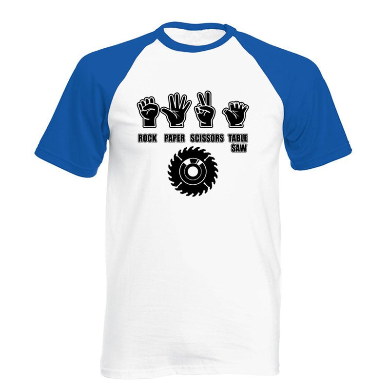 Rock Style Paper Scissors Saw funny men's T-shirt with colorful graphic and short sleeves, perfect for humorous streetwear.