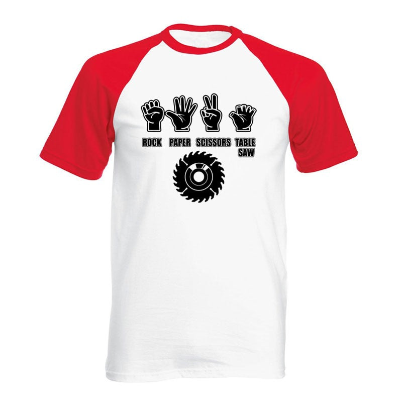Funny rock paper scissors table saw t-shirt, red and white cotton tee for men, perfect for humor and streetwear fashion.