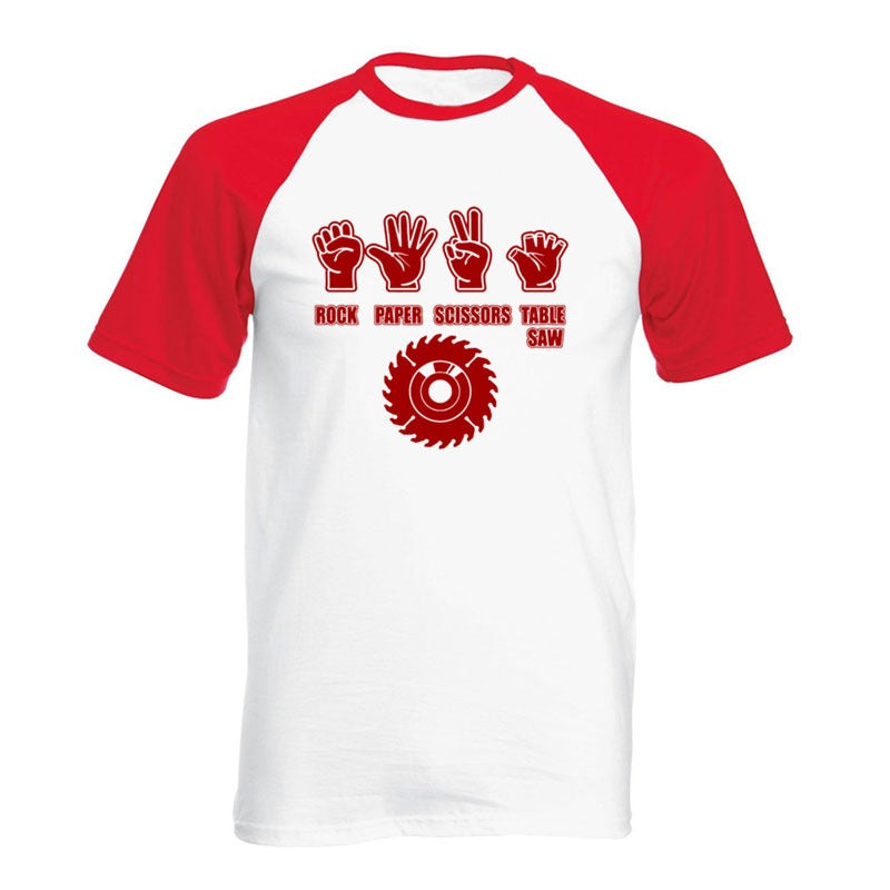 Rock Style Paper Scissors Saw funny T-shirt with graphic print, short sleeves, and red accents for men.