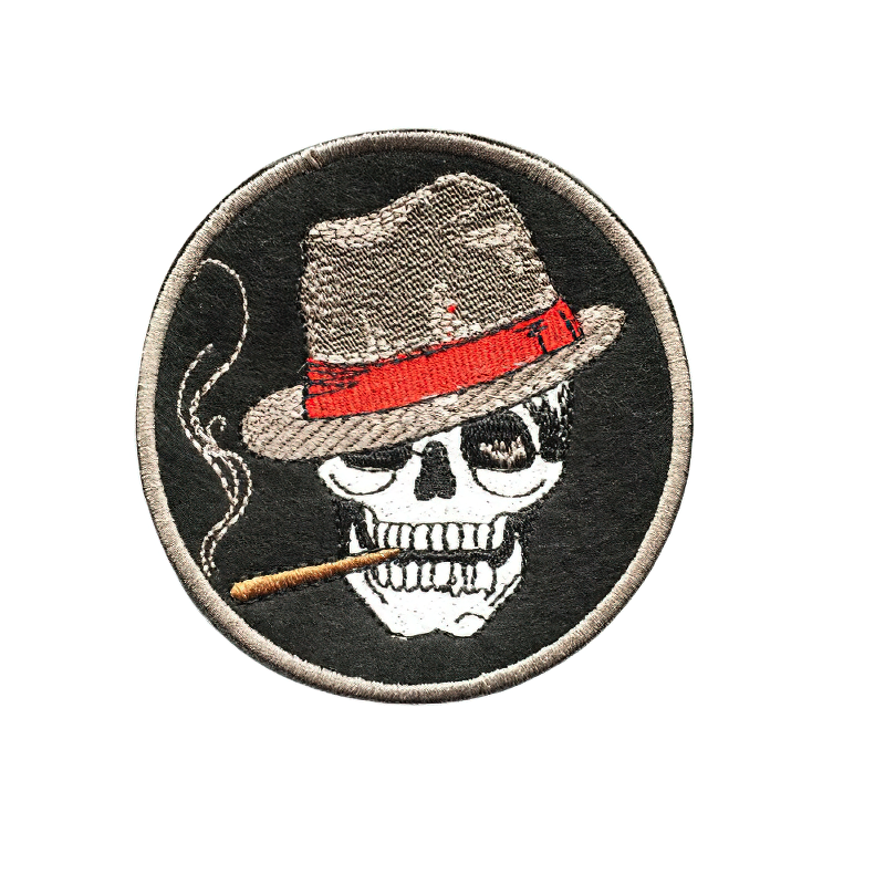 Rock Style Patch Of Skull With Hat And Cigar In Teeth / Unisex Gothic Accessories - HARD'N'HEAVY