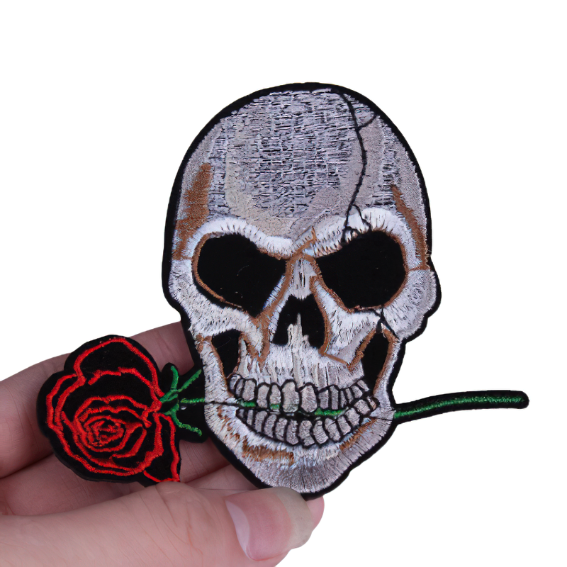 Unisex rock style patch featuring a skull with a rose in its teeth, perfect for jackets and bags.