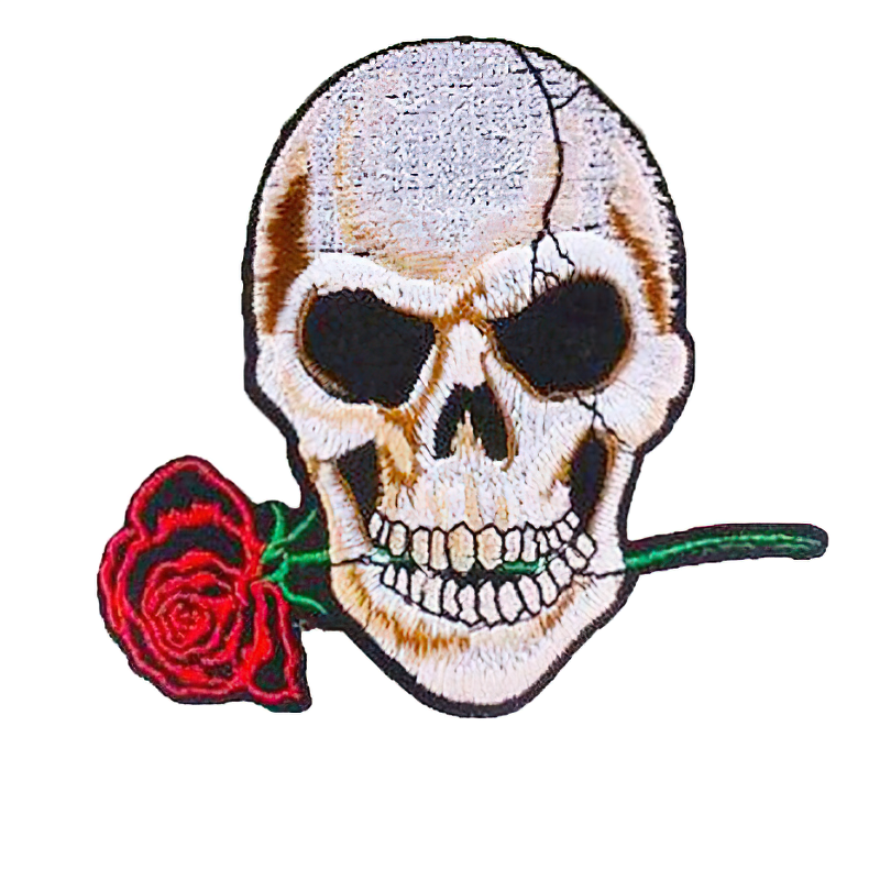Skull patch with rose in teeth, a trendy rock fashion accessory for jackets and bags.