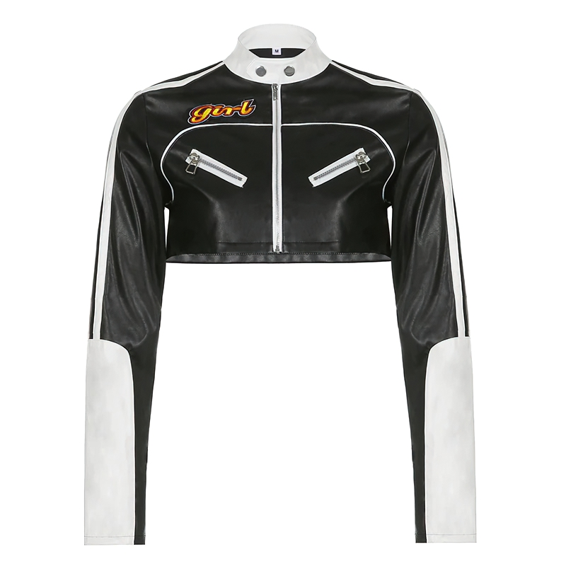 Rock style cropped PU leather jacket for women with patchwork design and stylish zippers.