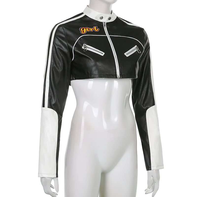 Rock style cropped PU leather jacket for women with patchwork design and zippers, perfect for alternative fashion streetwear.