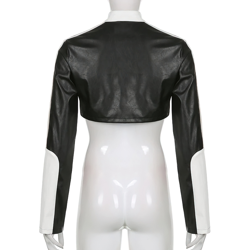 Back view of women's black and white patchwork cropped PU leather jacket, perfect for alternative fashion and streetwear.