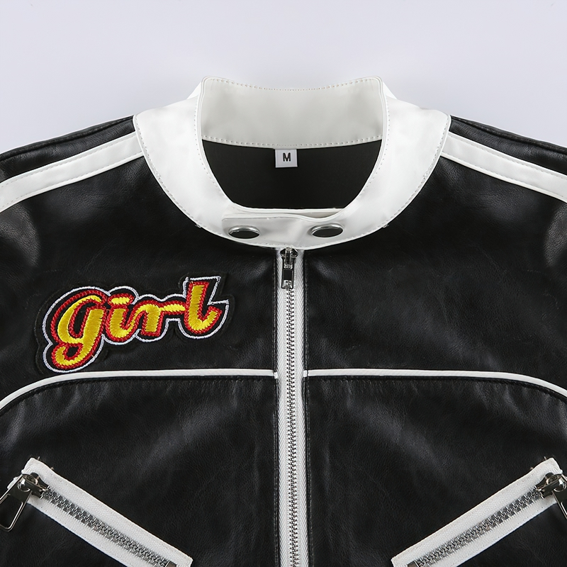 Rock style women's PU leather cropped jacket with patchwork and 'Girl' embroidery detail.