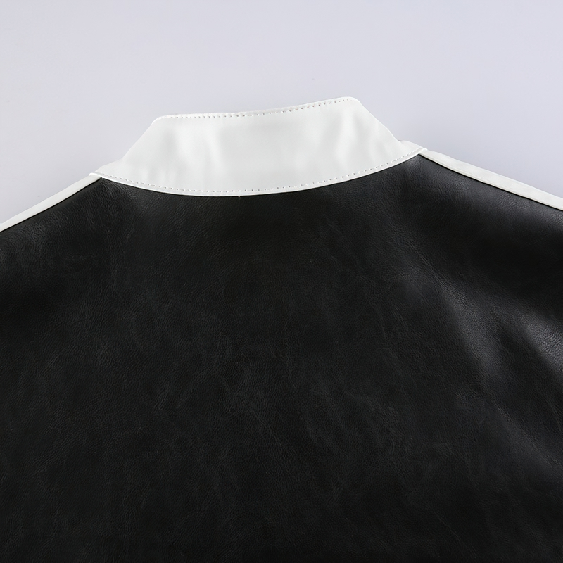 Back view of a women's rock style PU leather patchwork jacket with a stylish white collar.