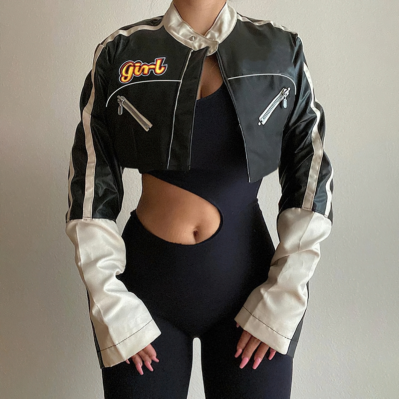 Rock style cropped PU leather jacket for women with patchwork design, perfect for alternative streetwear fashion.