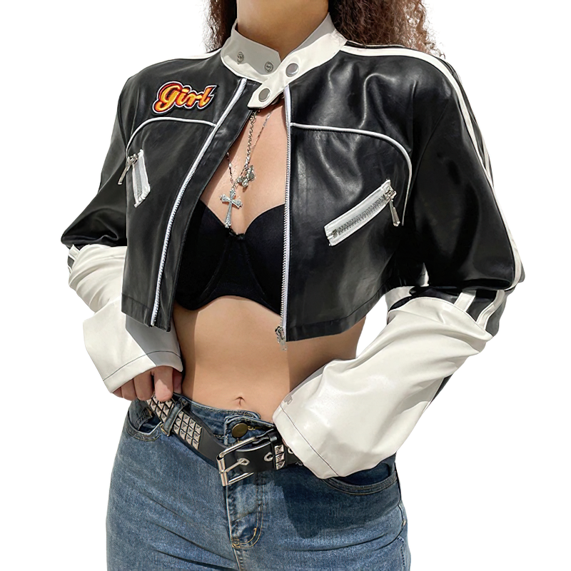 Stylish women's cropped PU leather patchwork jacket with zippered pockets and chic design, perfect for alternative streetwear.