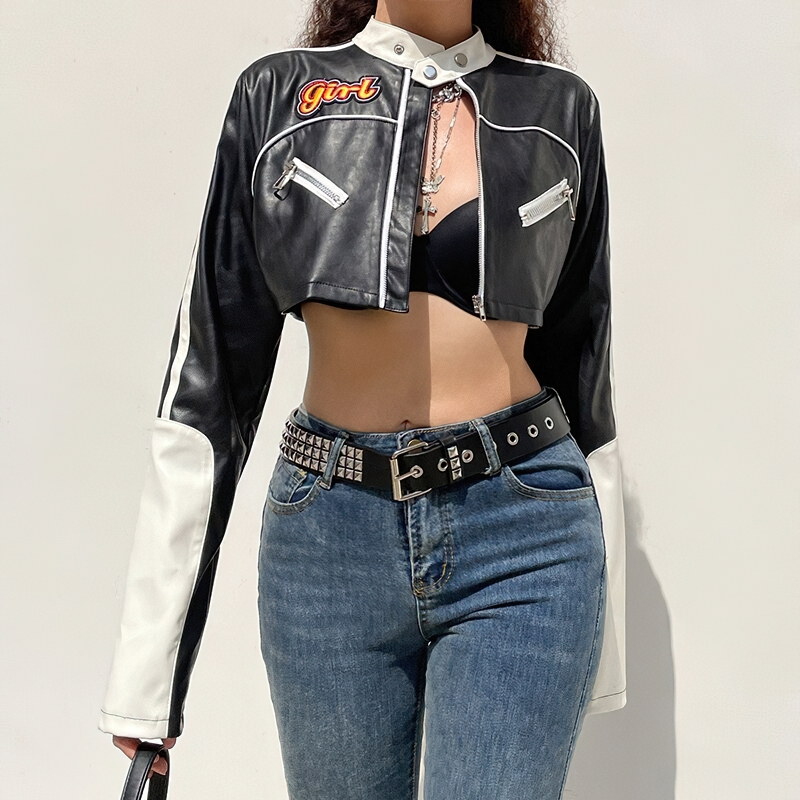 Trendy women's cropped PU leather jacket with patchwork design, showcasing edgy streetwear style.