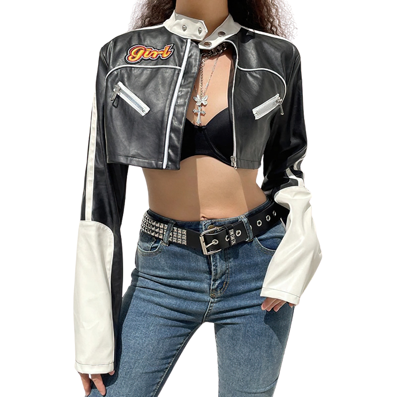 Rock style patchwork cropped PU leather jacket for women, perfect for alternative fashion streetwear.