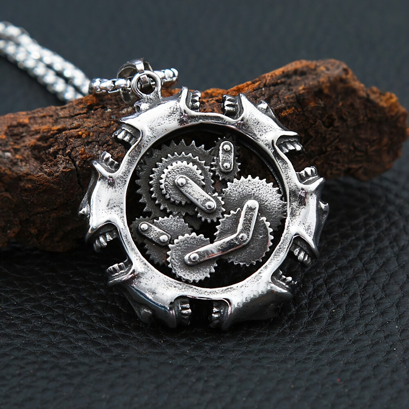 Rock style mechanical skull pendant in stainless steel, perfect unisex gothic jewelry for a fierce fashion statement.