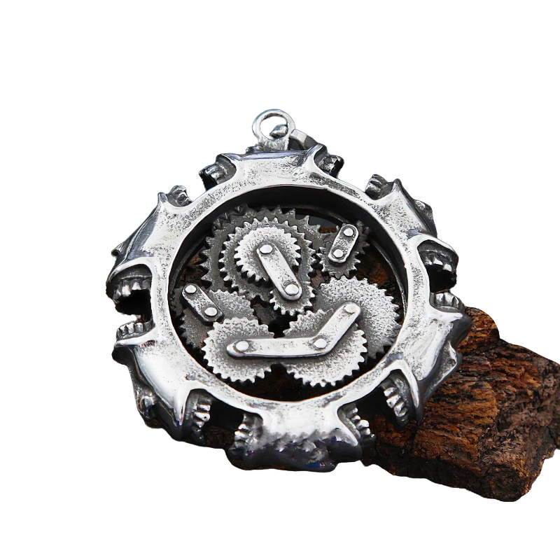 Gothic stainless steel pendant featuring a mechanical skull design with intricate gears, perfect for unisex rock style jewelry.