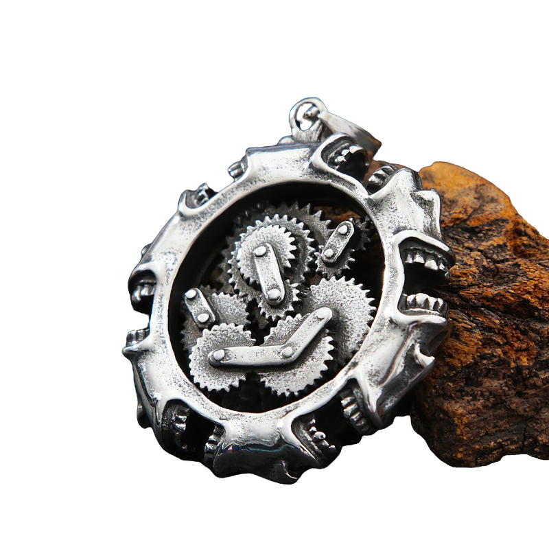 Rock style mechanical skull pendant in stainless steel, perfect for unisex gothic jewelry lovers.