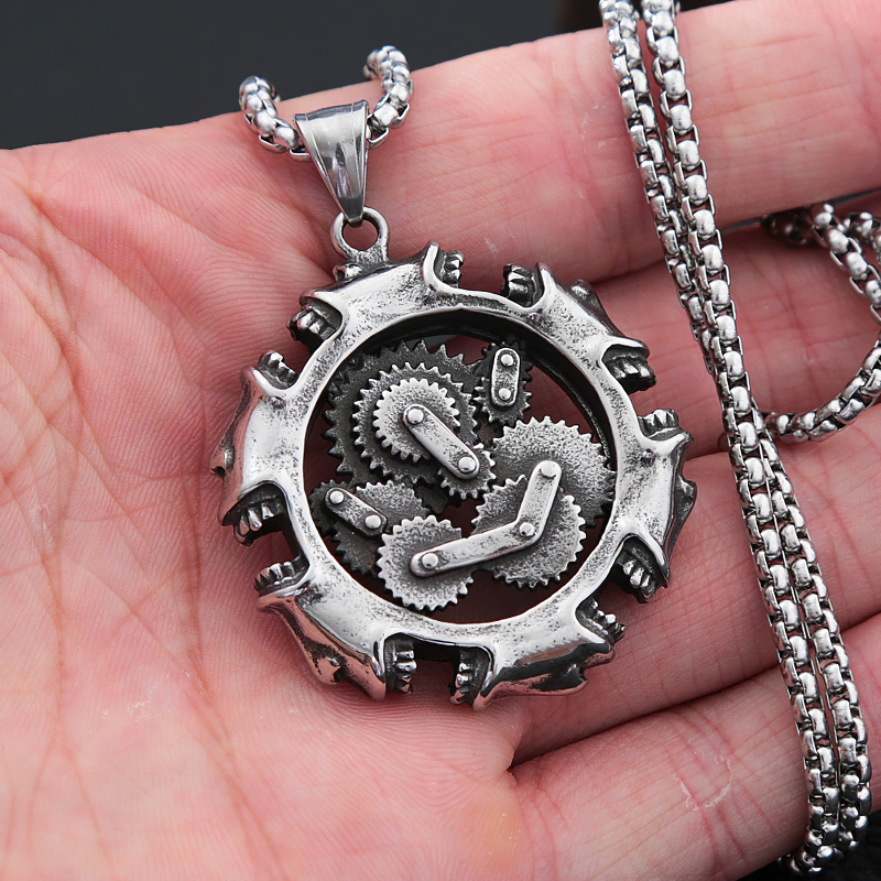 Rock style mechanical skull pendant in stainless steel, perfect for gothic unisex jewelry fashion.