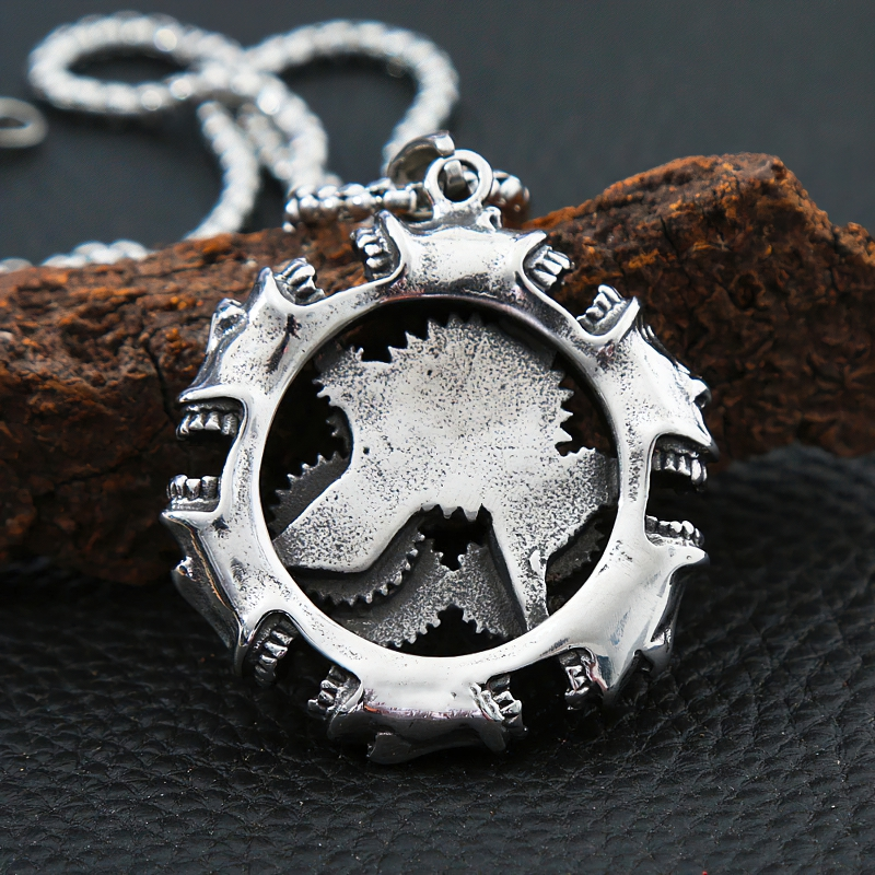Rock style pendant featuring a mechanical skull design in polished stainless steel, perfect for gothic jewelry lovers.