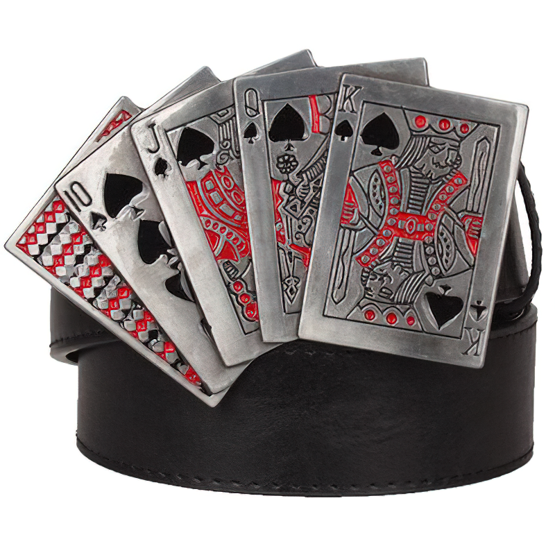 Rock style PU leather belt featuring a cool alloy card deck buckle with vintage playing cards design.