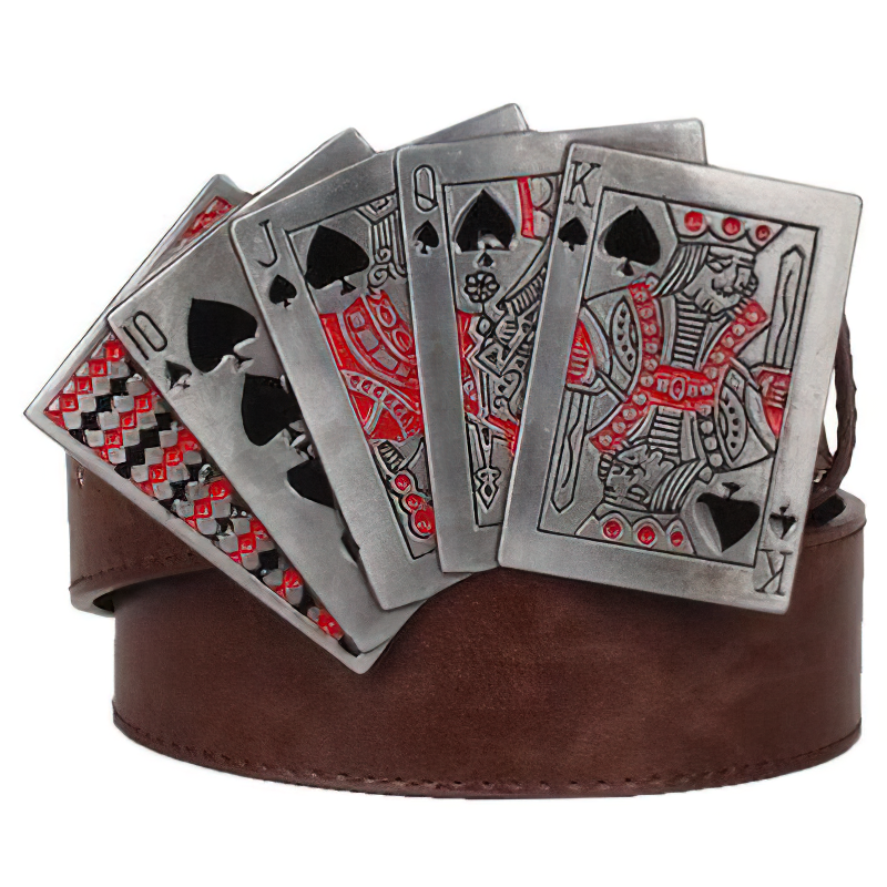Rock style PU leather belt featuring a unique alloy card deck buckle with vintage design.