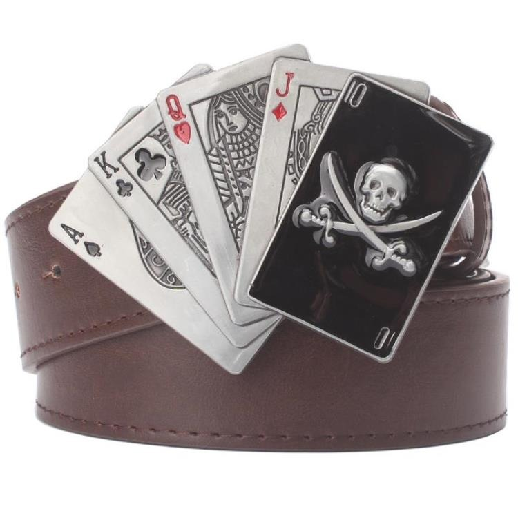 Rock style unisex PU leather belt with pirate-themed alloy card deck buckle.