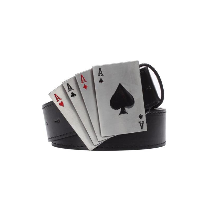 Vintage rock style PU leather belt with cool alloy card deck buckle featuring four Aces.