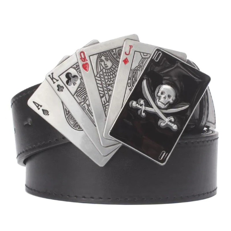 Vintage PU leather belt featuring a cool alloy card deck buckle with a pirate theme, perfect for rocking any outfit.