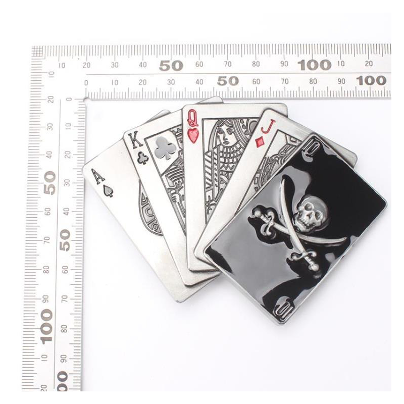 Rock style alloy card buckle featuring playing cards and a pirate skull design, ideal for a vintage leather belt.