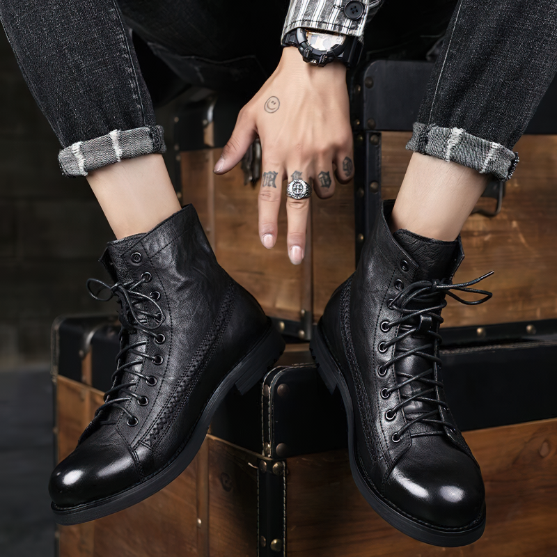 Men's PU leather lace-up ankle boots in black, perfect for a stylish casual look.