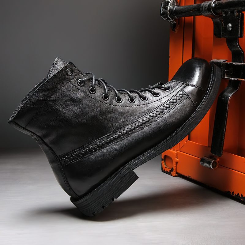 Rock style black PU leather men's lace-up ankle boots with a flexible sole for casual comfort.