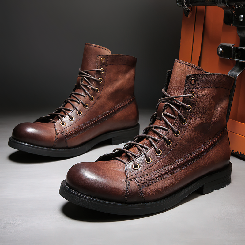 Rock style PU leather men's lace-up ankle boots in brown, perfect for casual and vintage looks.