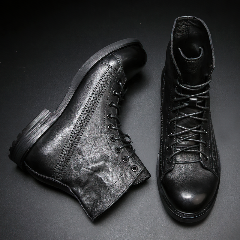 Rock style PU leather men's lace-up ankle boots with a flexible tractor sole, perfect for a casual, comfy look.