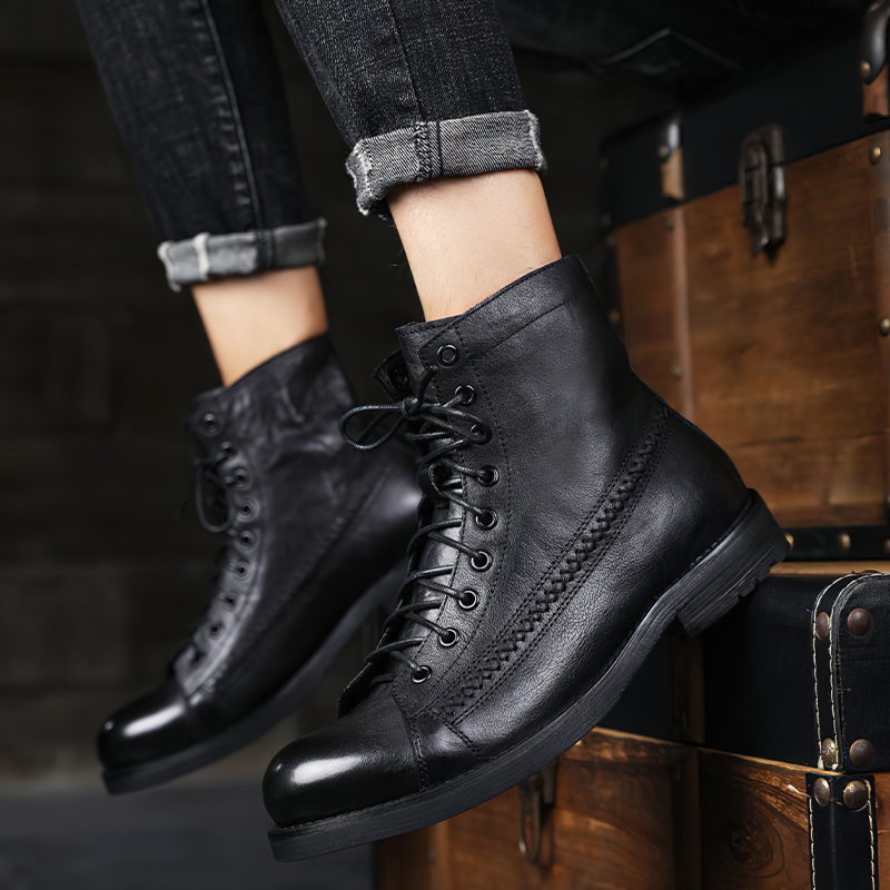 Men's black PU leather lace-up ankle boots, stylish and comfy, perfect for casual outings, with flexible tractor sole.