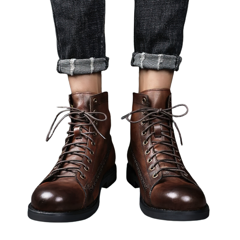 Men's brown PU leather lace-up ankle boots, perfect for a casual rock style outfit.