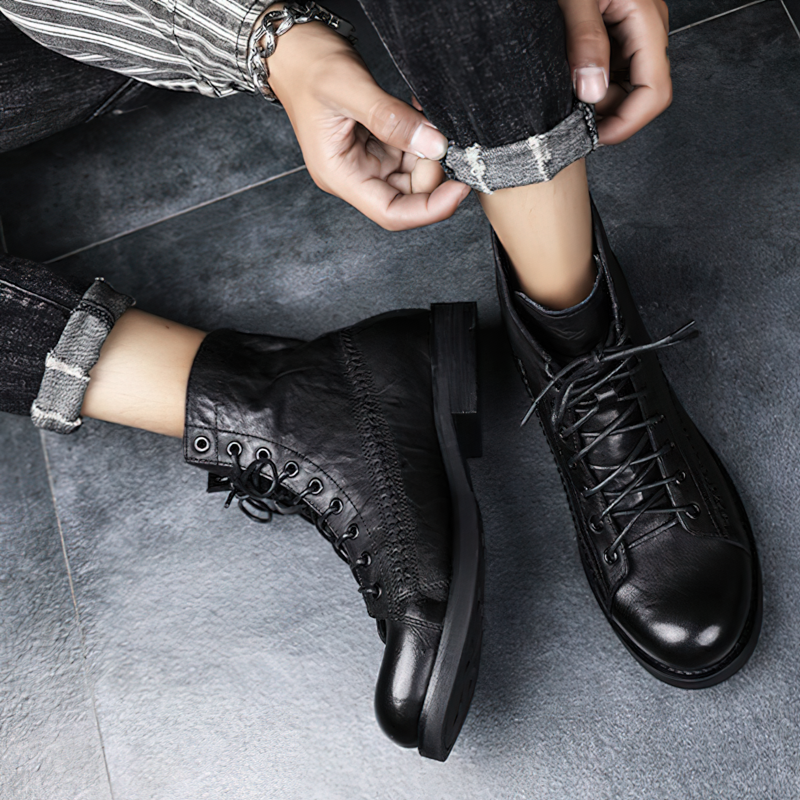 Men's rock style PU leather lace-up ankle boots, comfortable casual shoes with flexible sole.